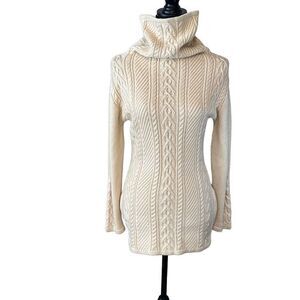 Creme Cable Knit Long Pullover Turtleneck Fisherman Warm Sweater S